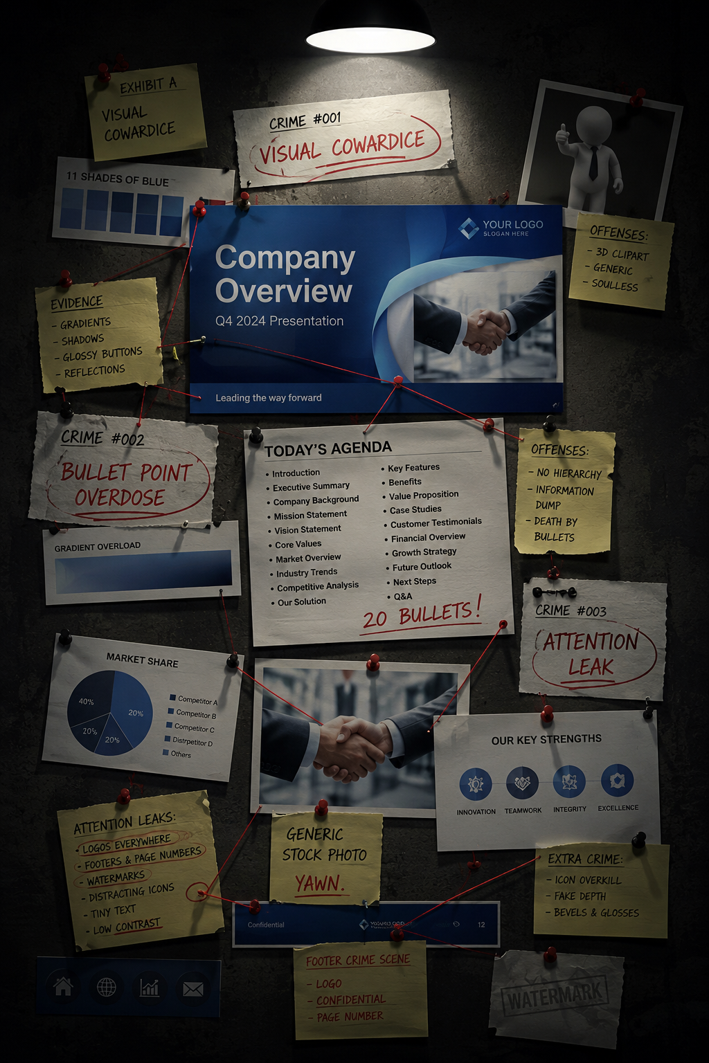 Torn corporate slide fragments